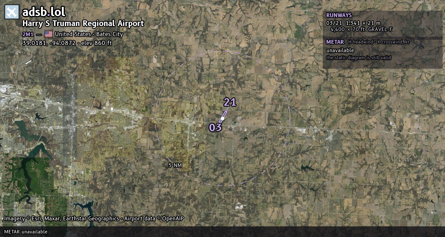 Satellite map with the runway layout of Harry S Truman Regional Airport (2M1)