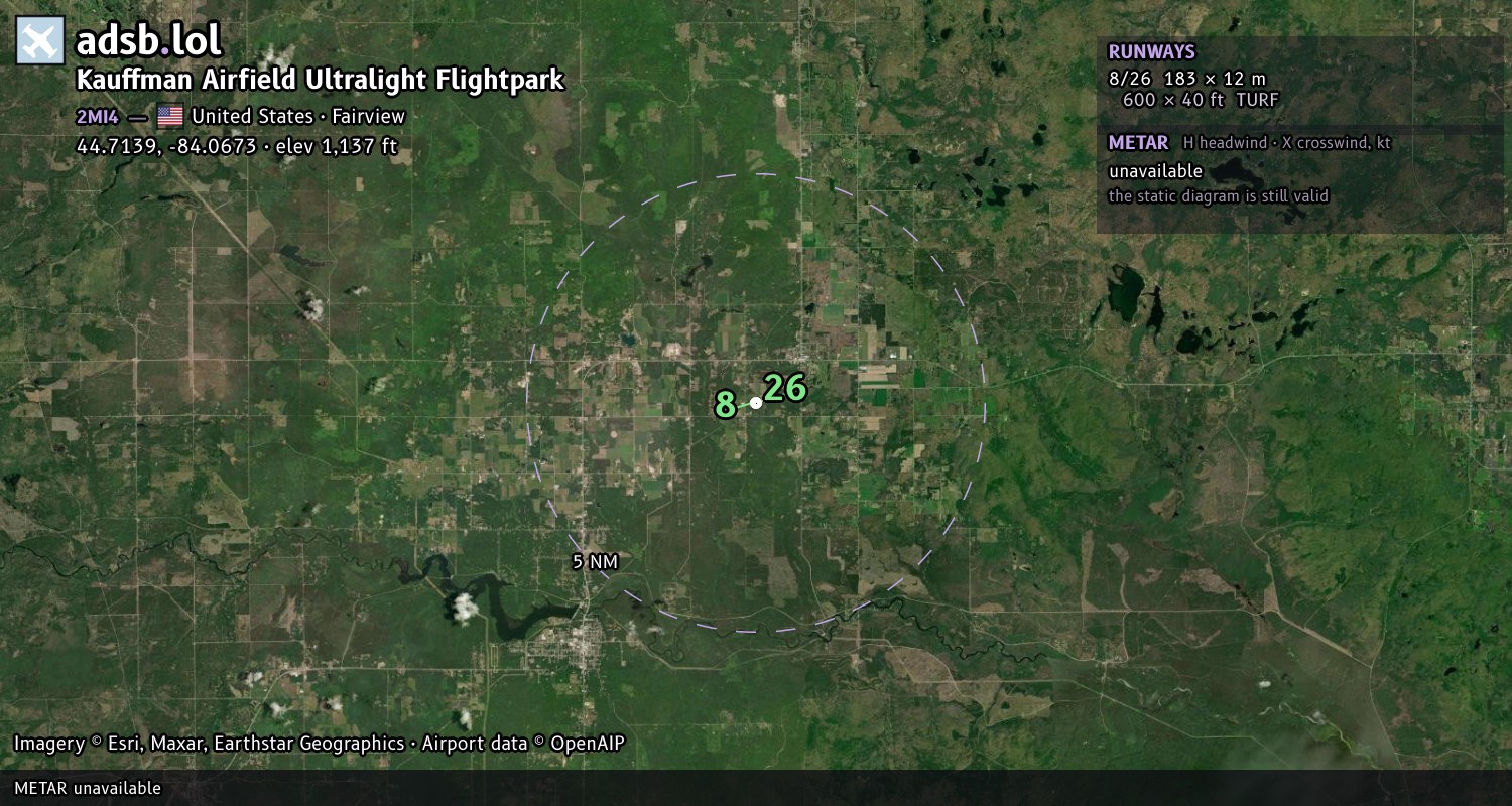Satellite map with the runway layout of Kauffman Airfield Ultralight Flightpark (2MI4)