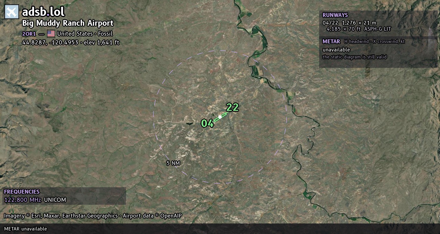 Satellite map with the runway layout of Big Muddy Ranch Airport (2OR1)