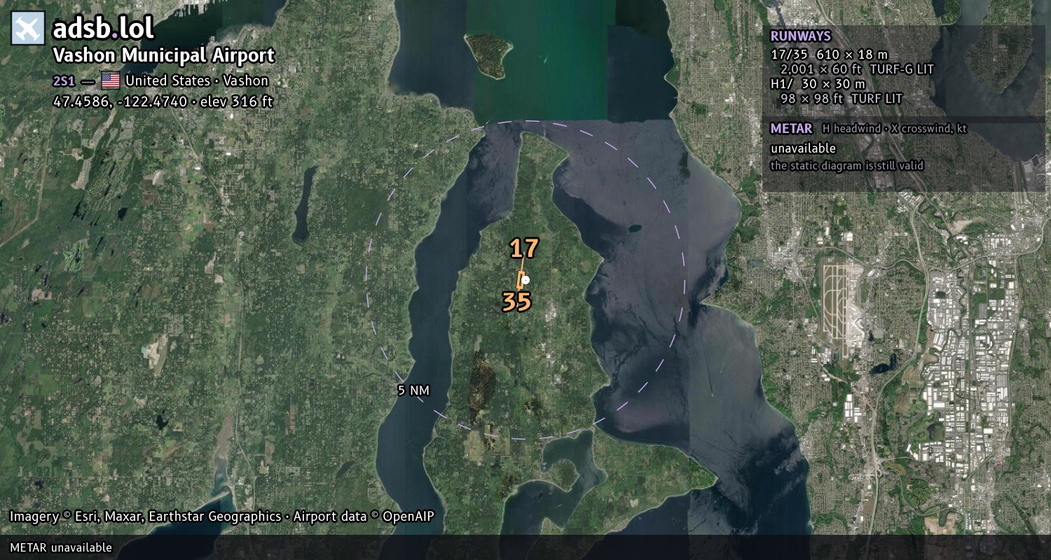 Satellite map with the runway layout of Vashon Municipal Airport (2S1)