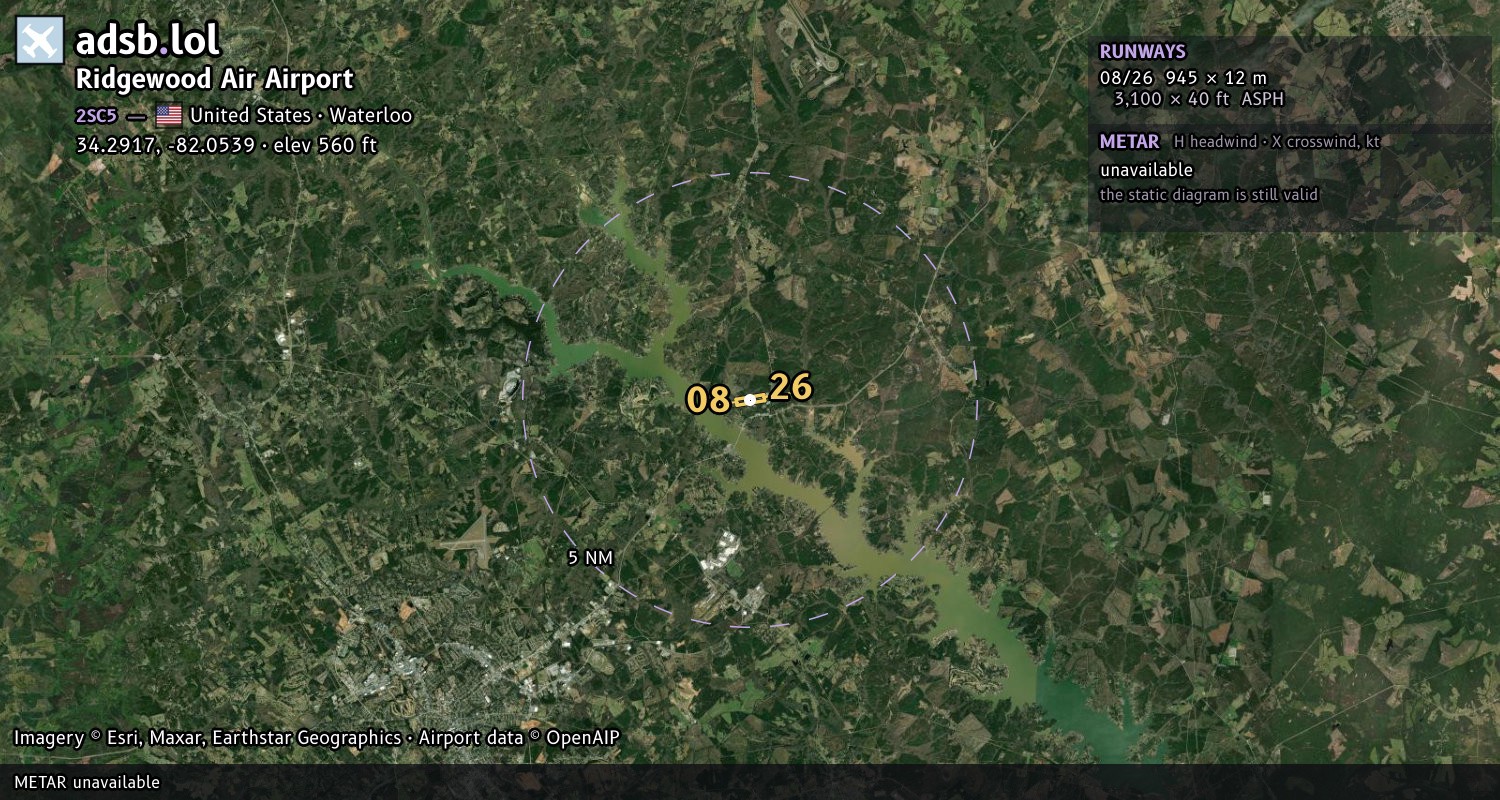 Satellite map with the runway layout of Ridgewood Air Airport (2SC5)