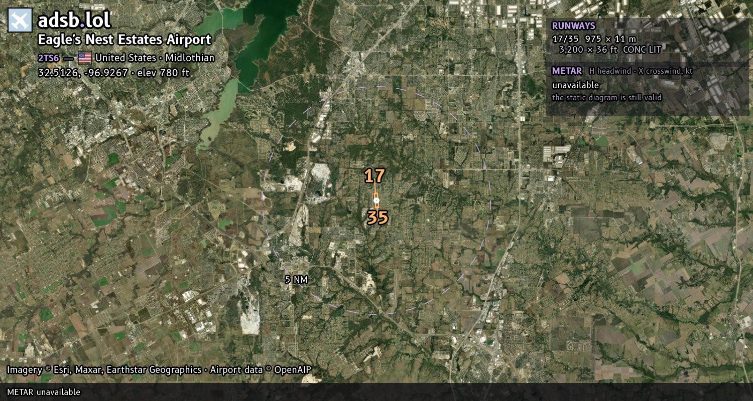 Satellite map with the runway layout of Eagle's Nest Estates Airport (2TS6)