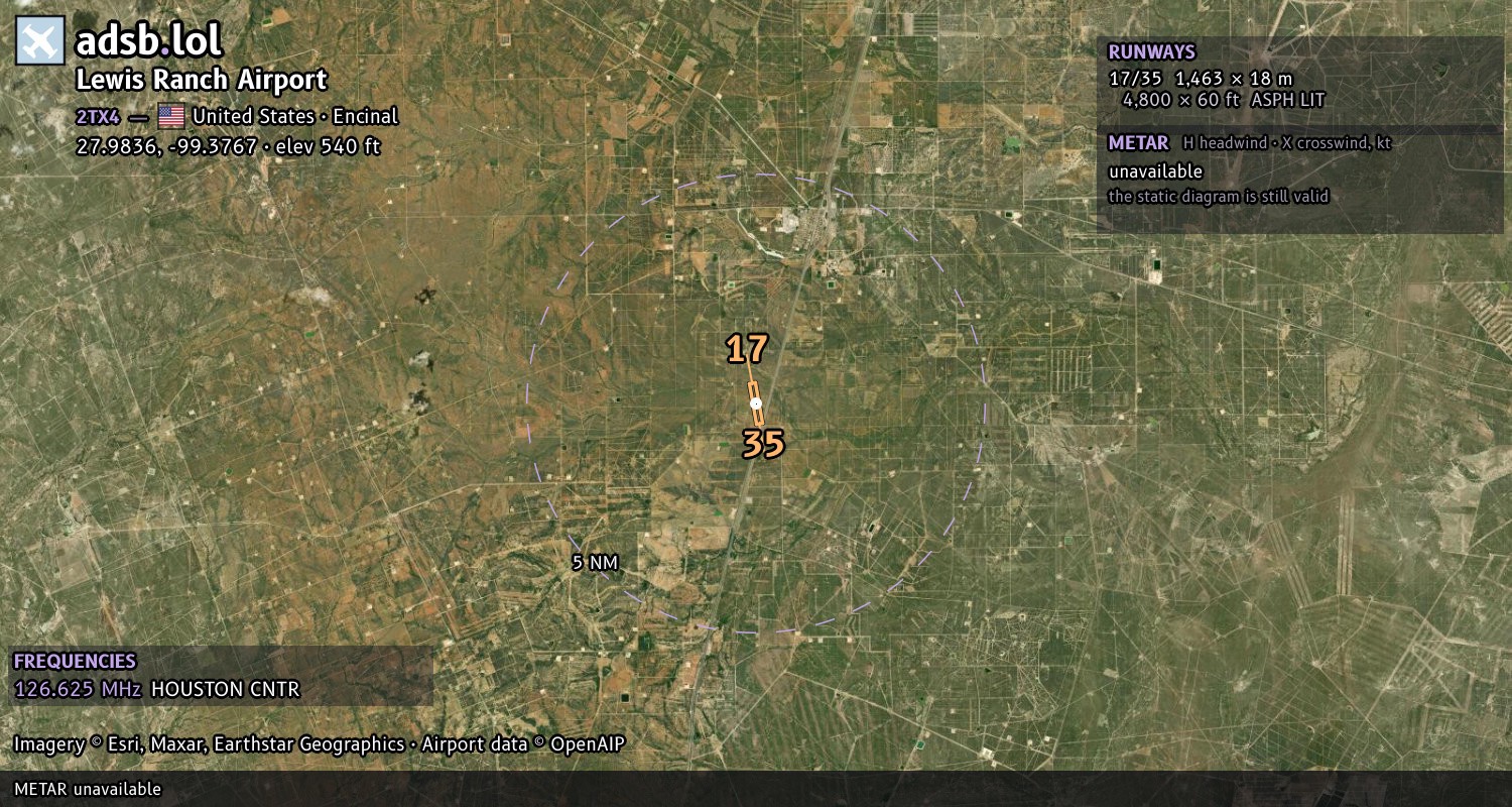 Satellite map with the runway layout of Lewis Ranch Airport (2TX4)
