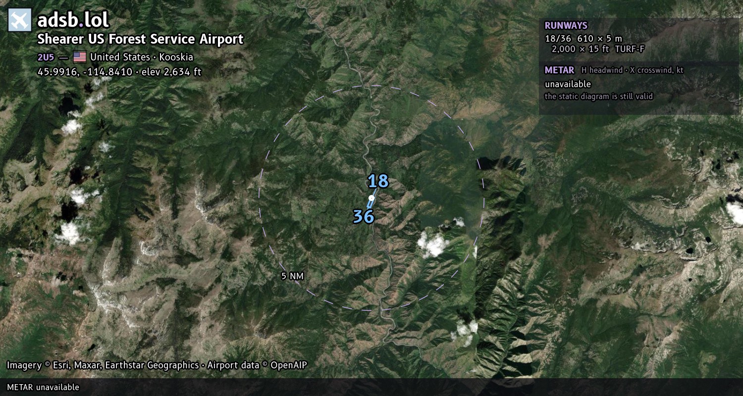 Satellite map with the runway layout of Shearer US Forest Service Airport (2U5)