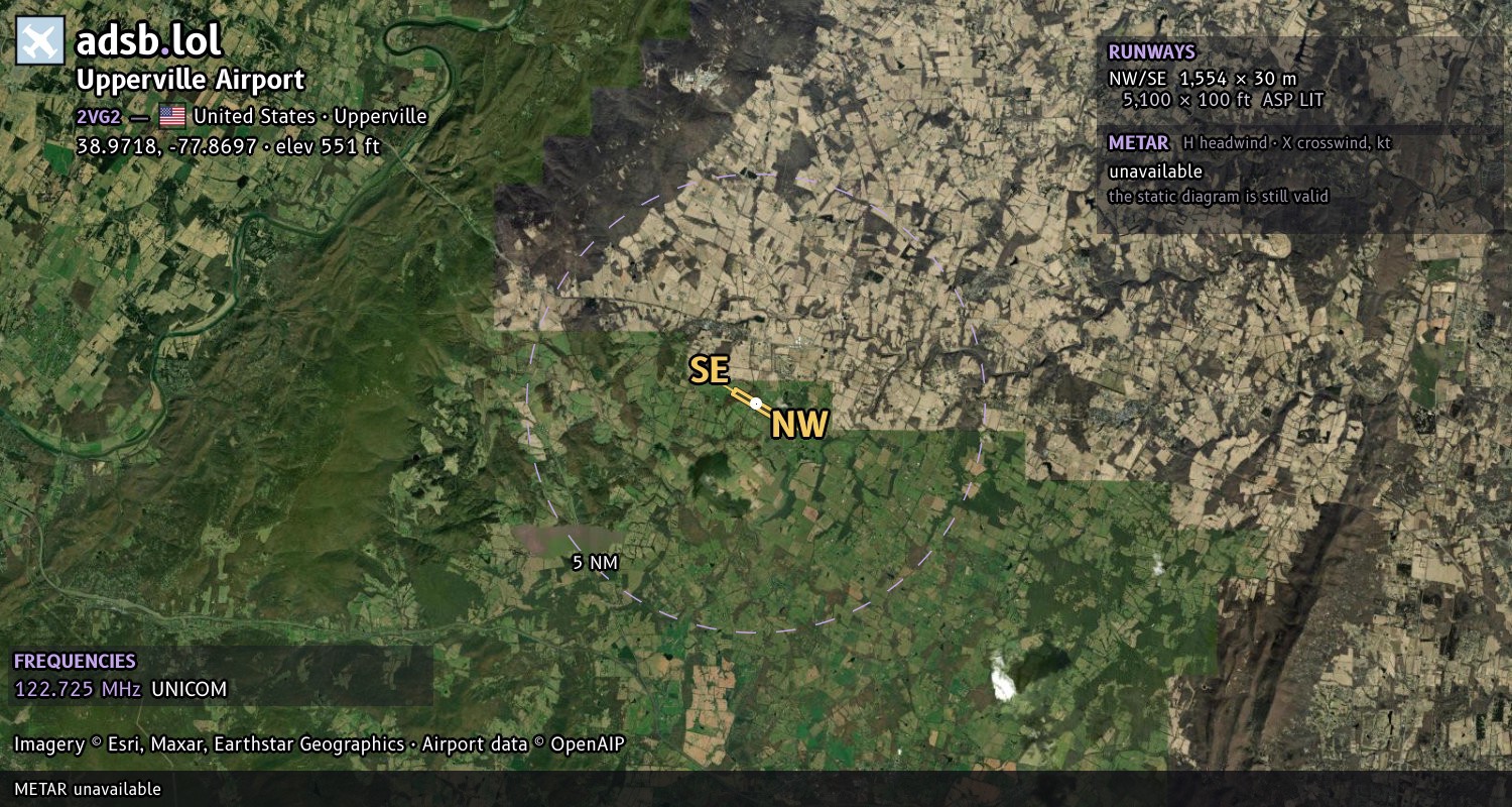 Satellite map with the runway layout of Upperville Airport (2VG2)