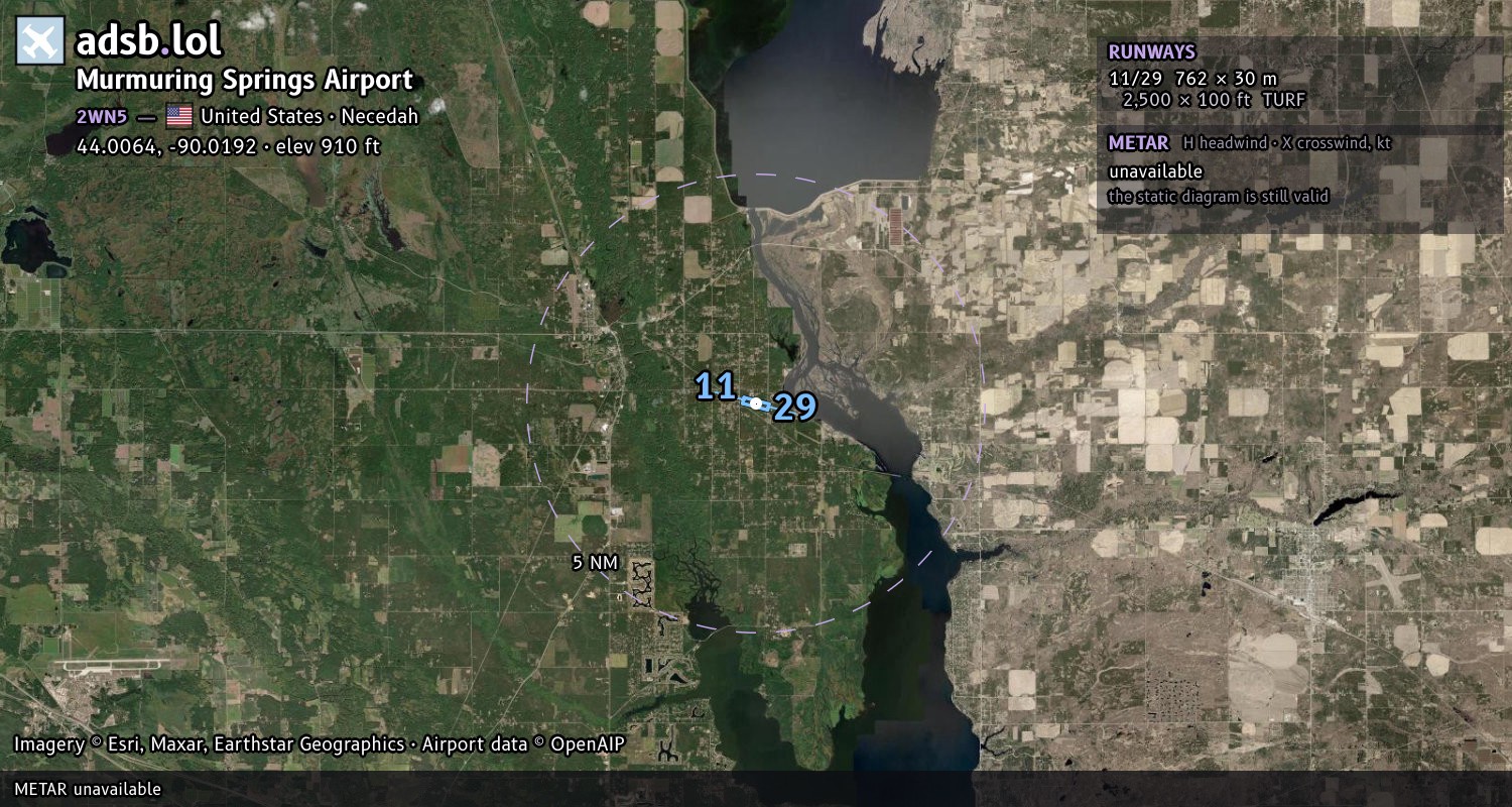 Satellite map with the runway layout of Murmuring Springs Airport (2WN5)