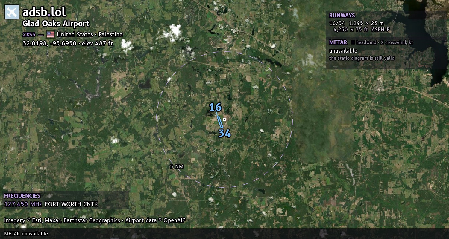 Satellite map with the runway layout of Glad Oaks Airport (2XS3)