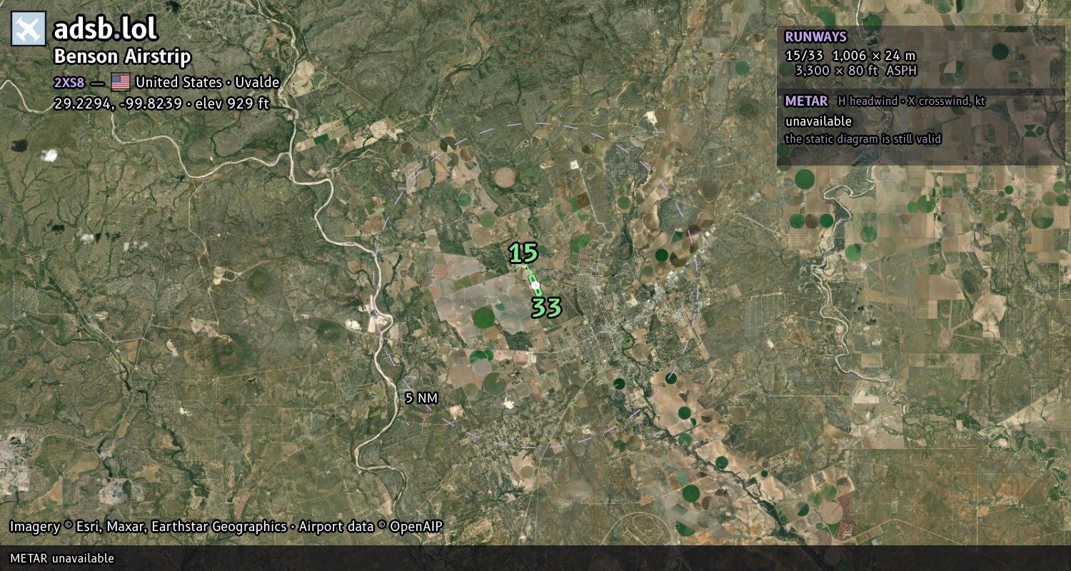 Satellite map with the runway layout of Benson Airstrip (2XS8)