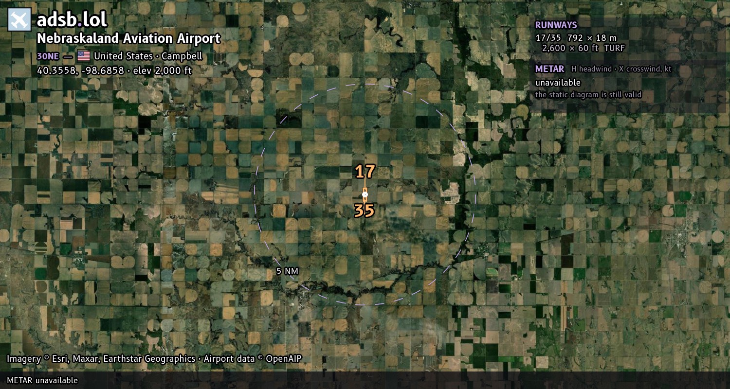 Satellite map with the runway layout of Nebraskaland Aviation Airport (30NE)