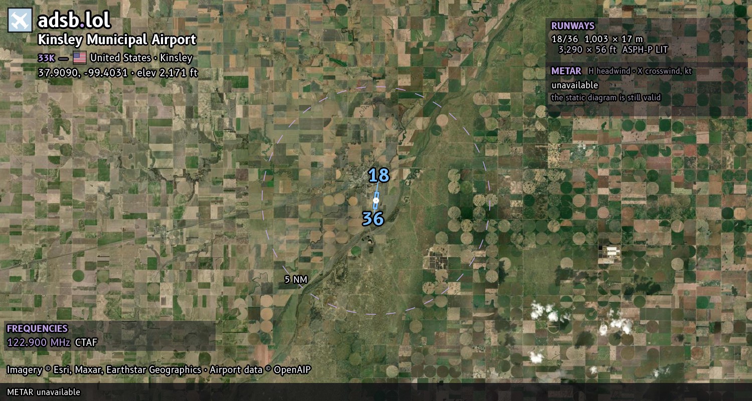 Satellite map with the runway layout of Kinsley Municipal Airport (33K)