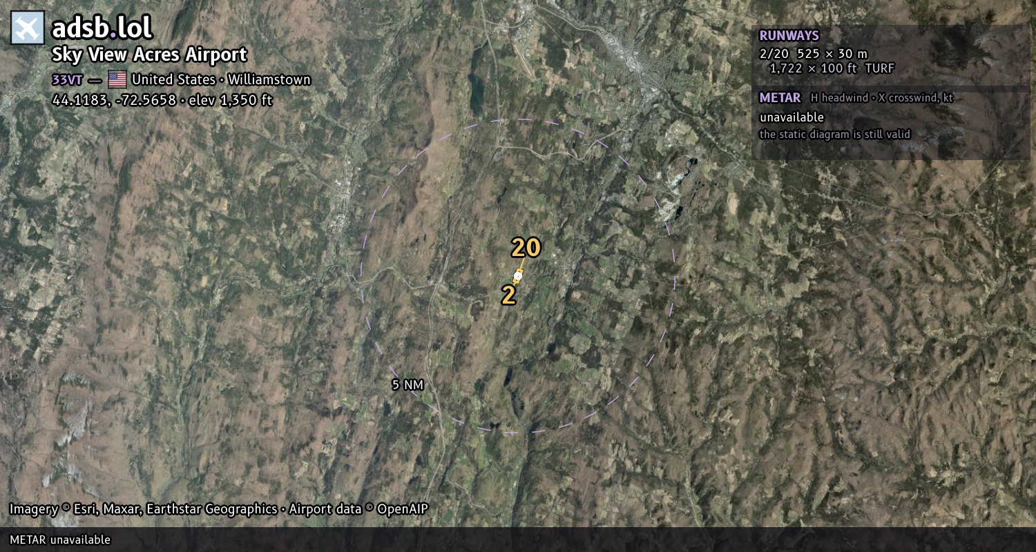 Satellite map with the runway layout of Sky View Acres Airport (33VT)