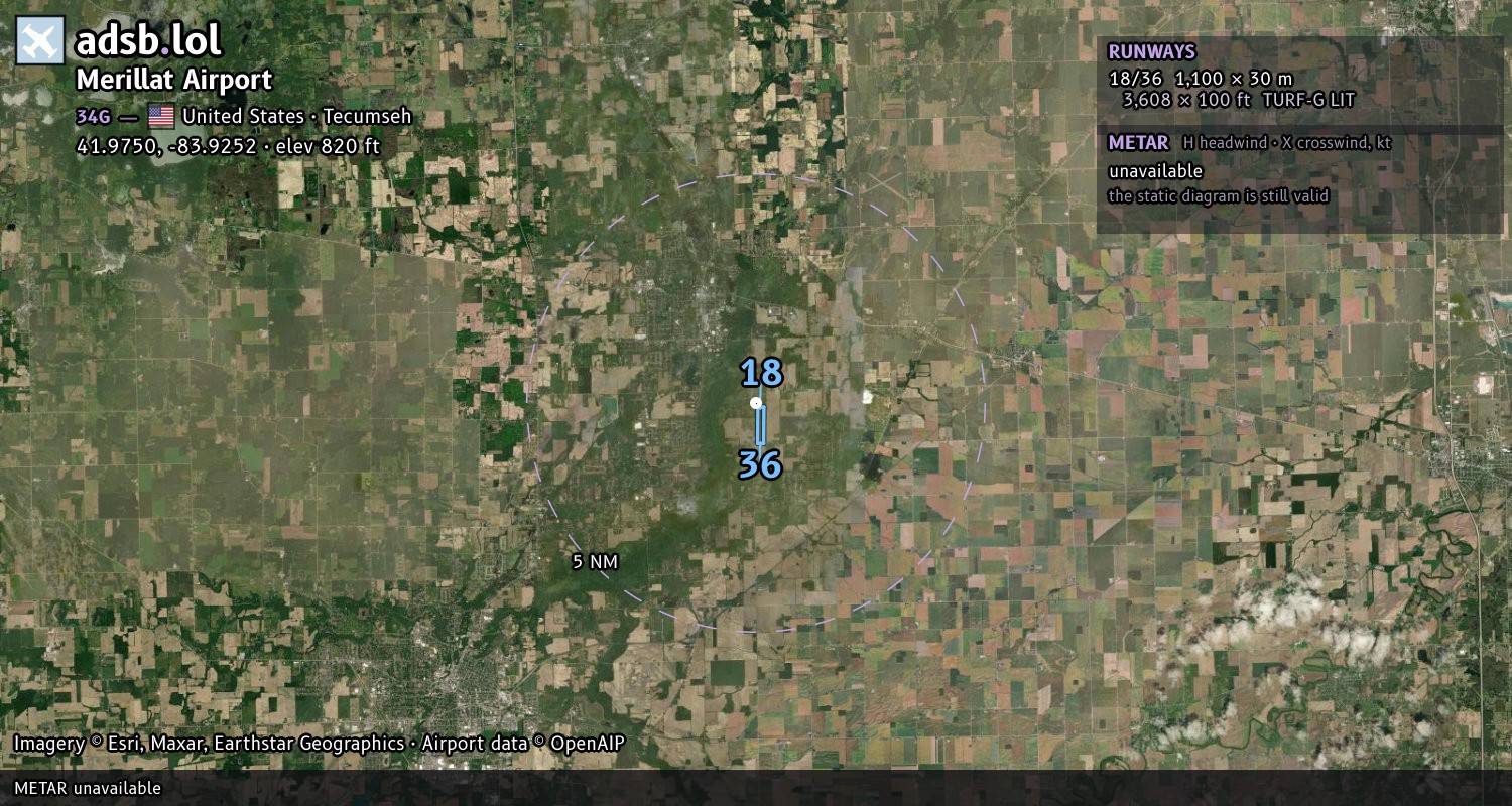 Satellite map with the runway layout of Merillat Airport (34G)