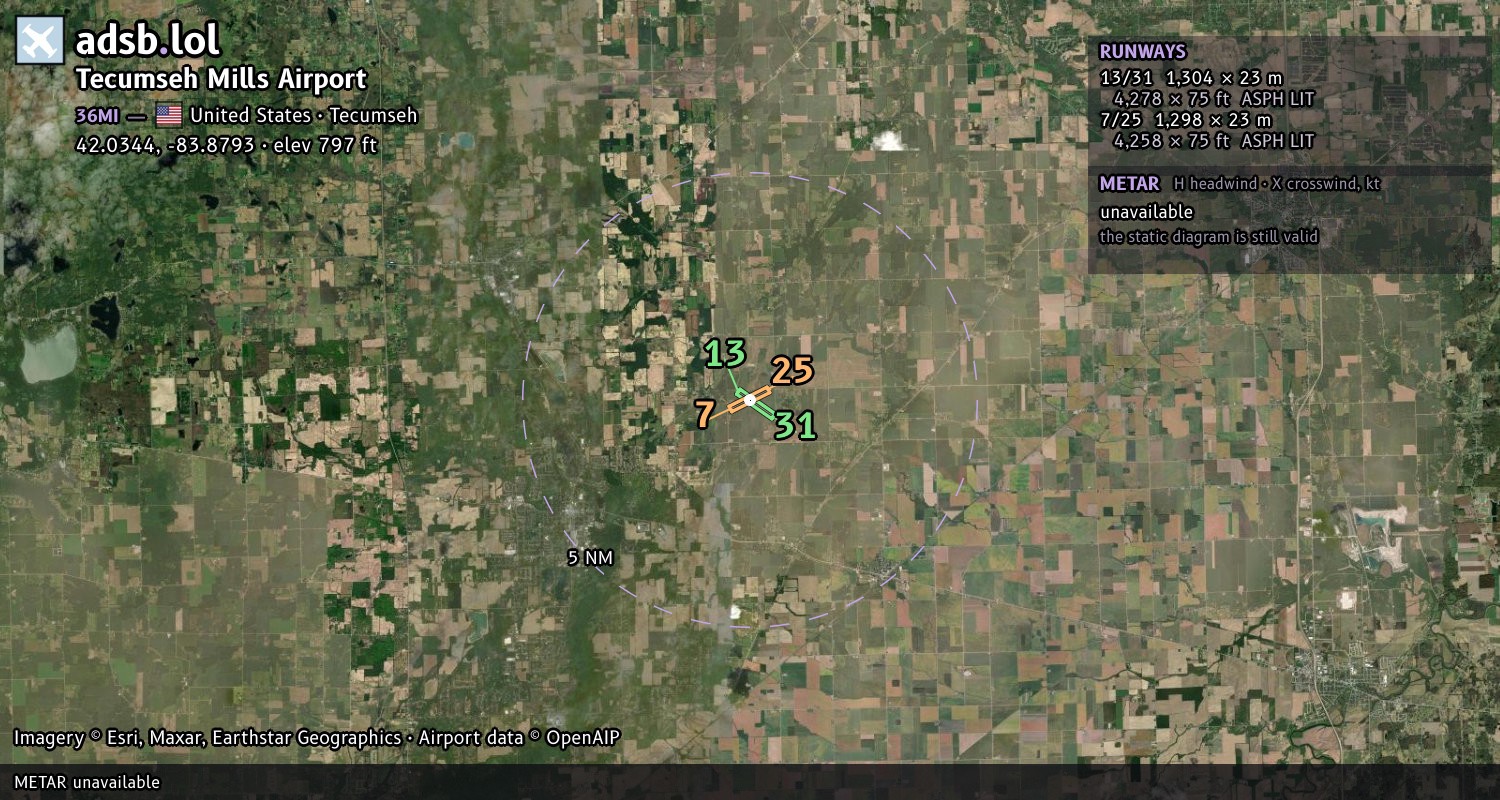 Satellite map with the runway layout of Tecumseh Mills Airport (36MI)