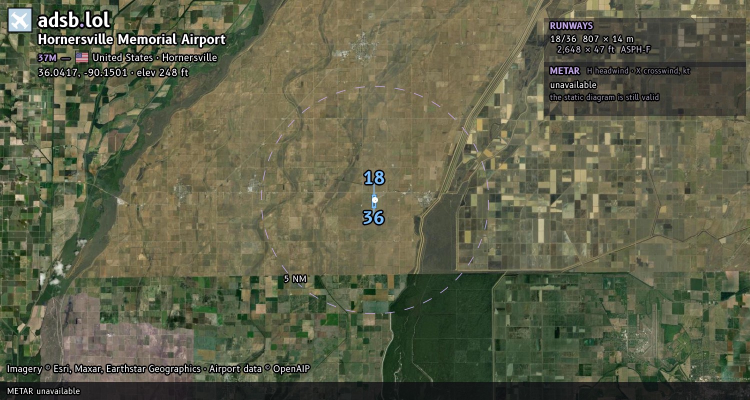 Satellite map with the runway layout of Hornersville Memorial Airport (37M)