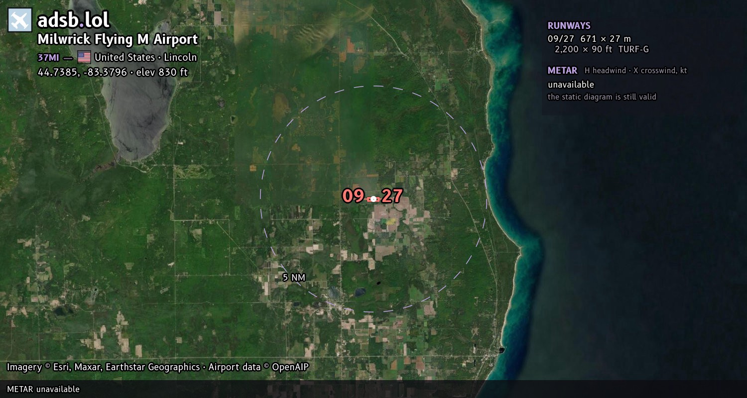 Satellite map with the runway layout of Milwrick Flying M Airport (37MI)