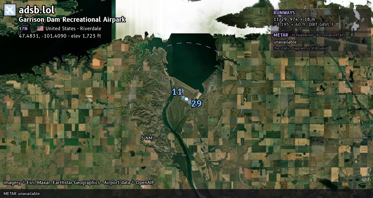 Satellite map with the runway layout of Garrison Dam Recreational Airpark (37N)