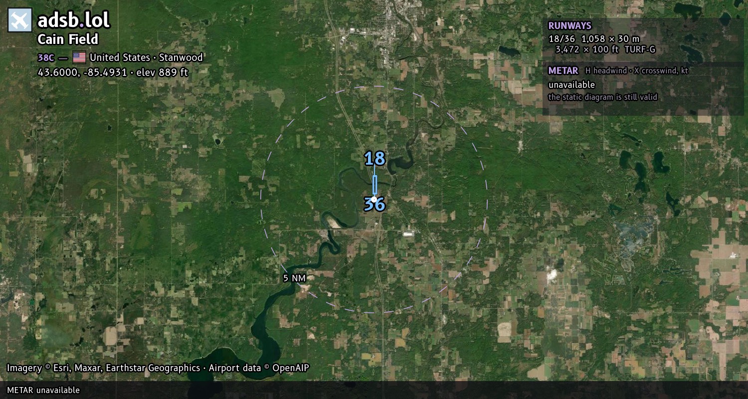 Satellite map with the runway layout of Cain Field (38C)