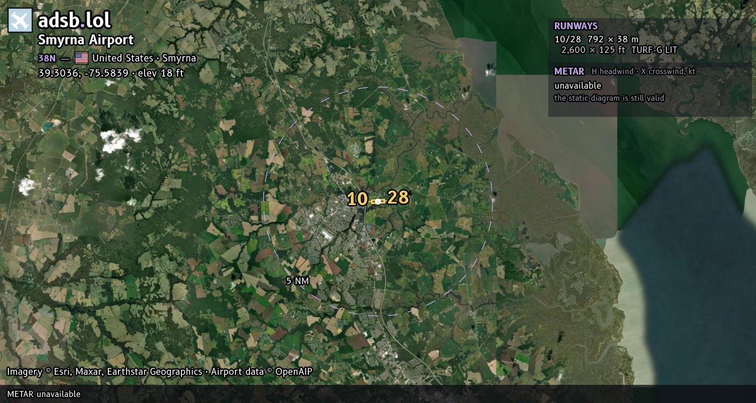 Satellite map with the runway layout of Smyrna Airport (38N)