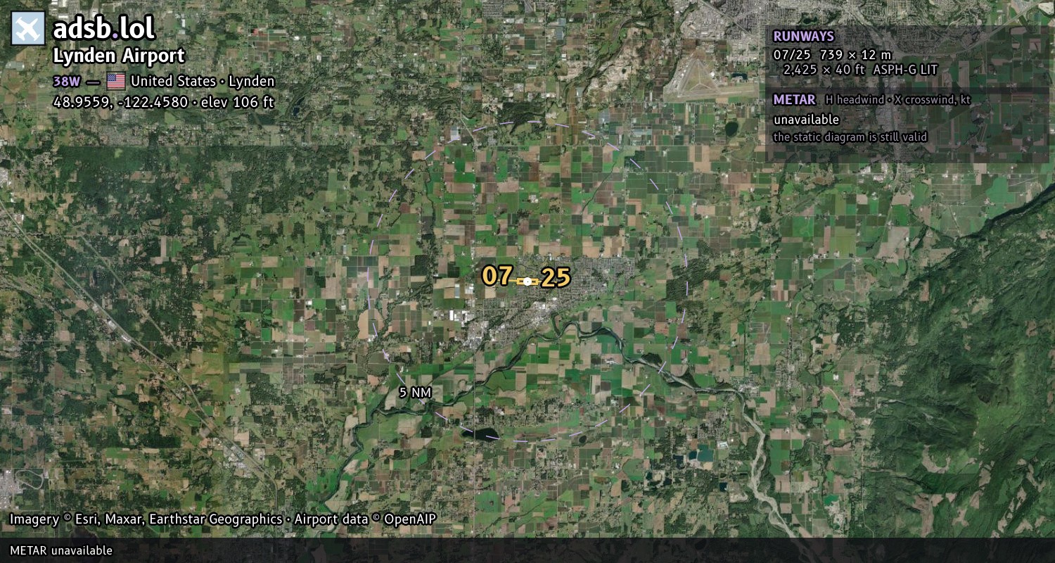 Satellite map with the runway layout of Lynden Airport (38W)