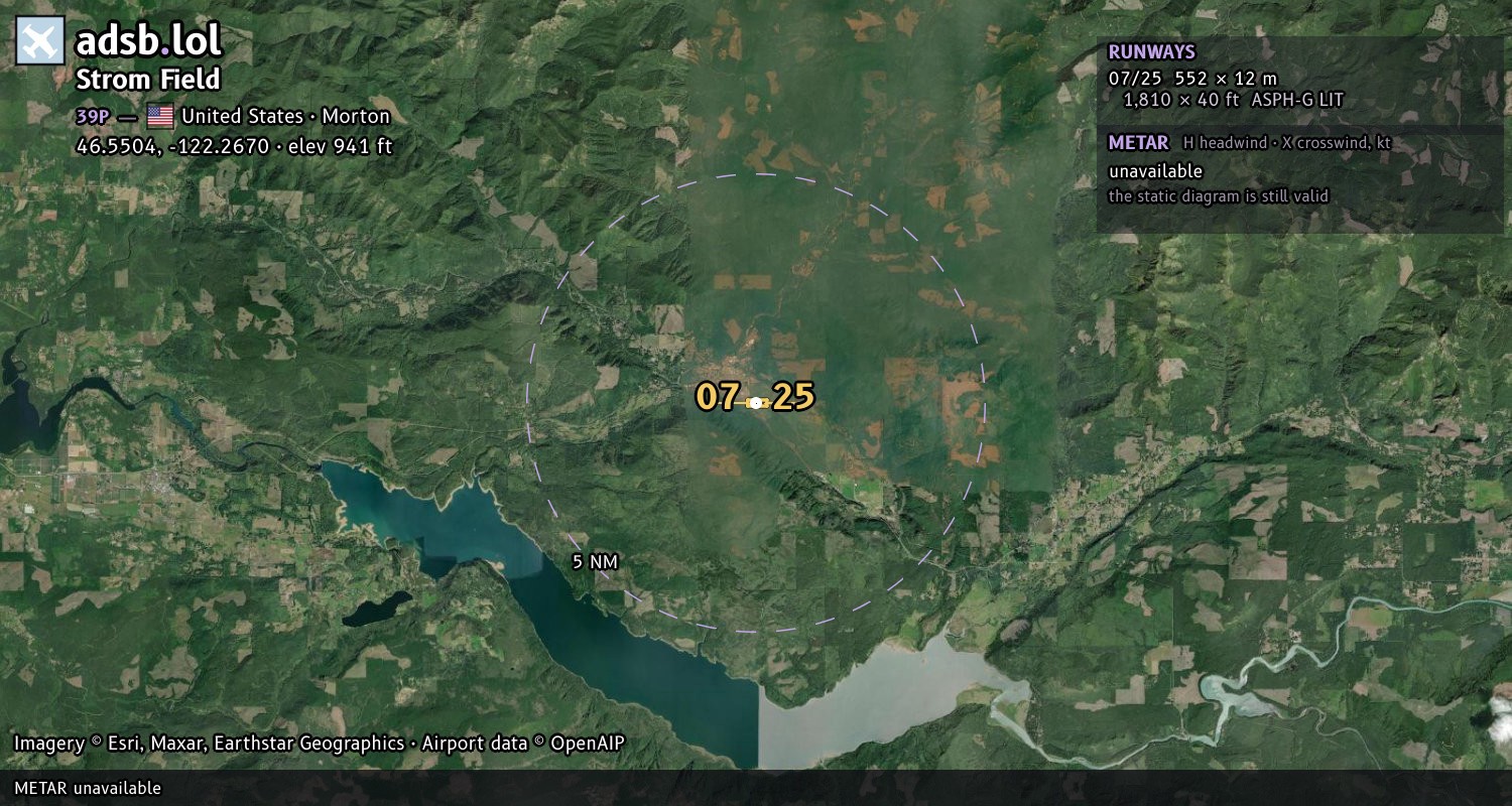 Satellite map with the runway layout of Strom Field (39P)