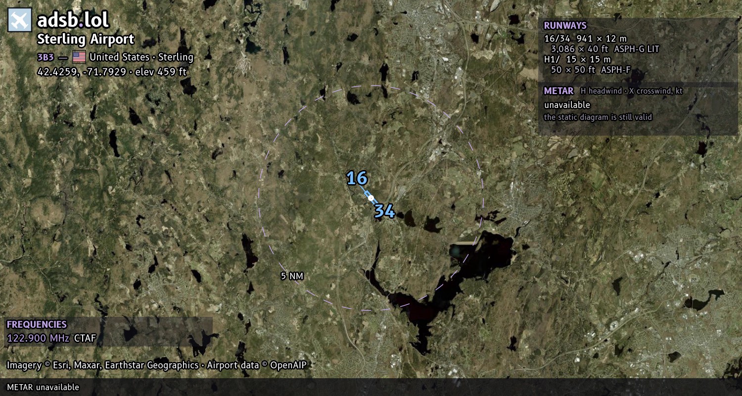Satellite map with the runway layout of Sterling Airport (3B3)