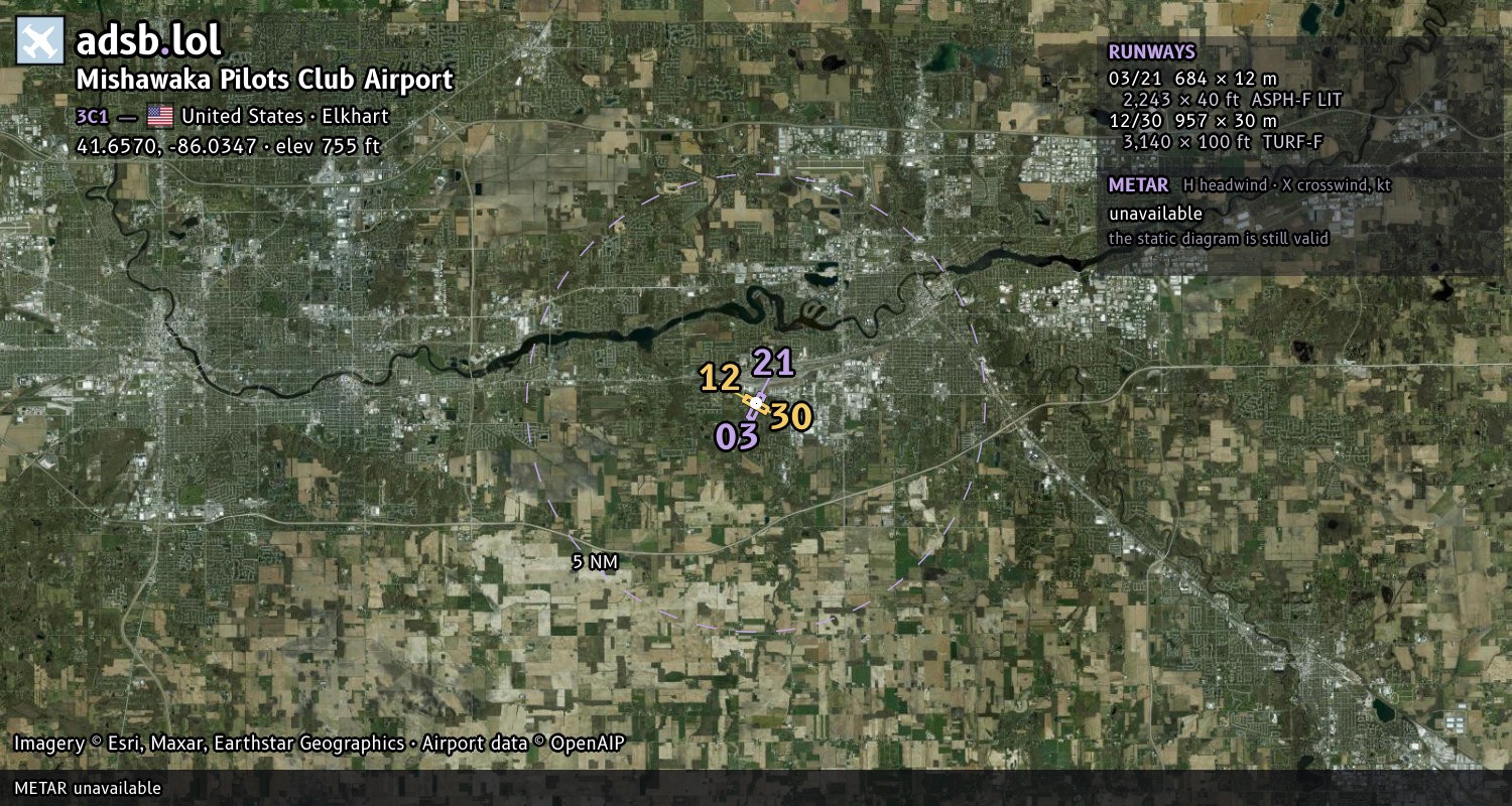 Satellite map with the runway layout of Mishawaka Pilots Club Airport (3C1)