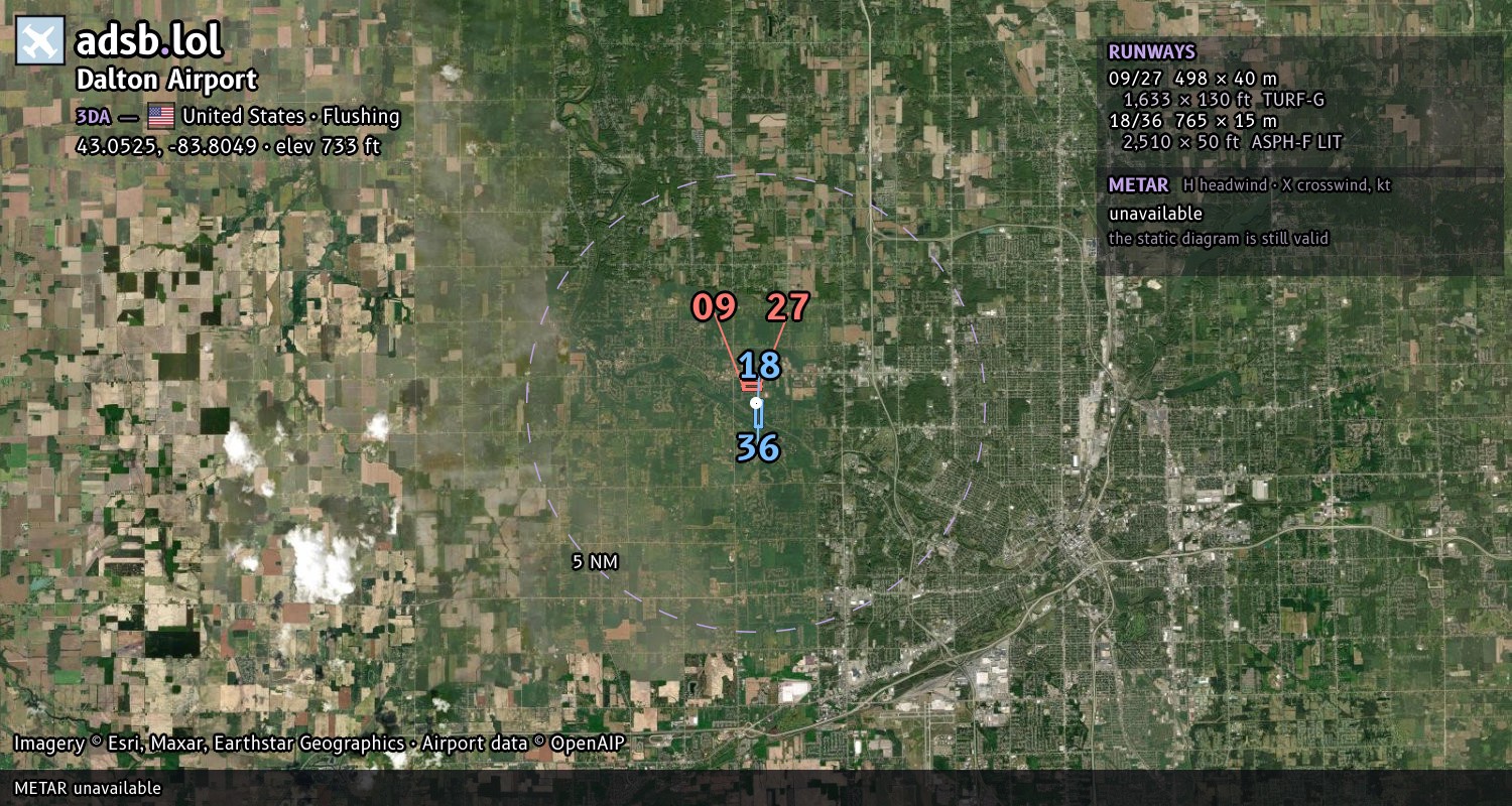 Satellite map with the runway layout of Dalton Airport (3DA)