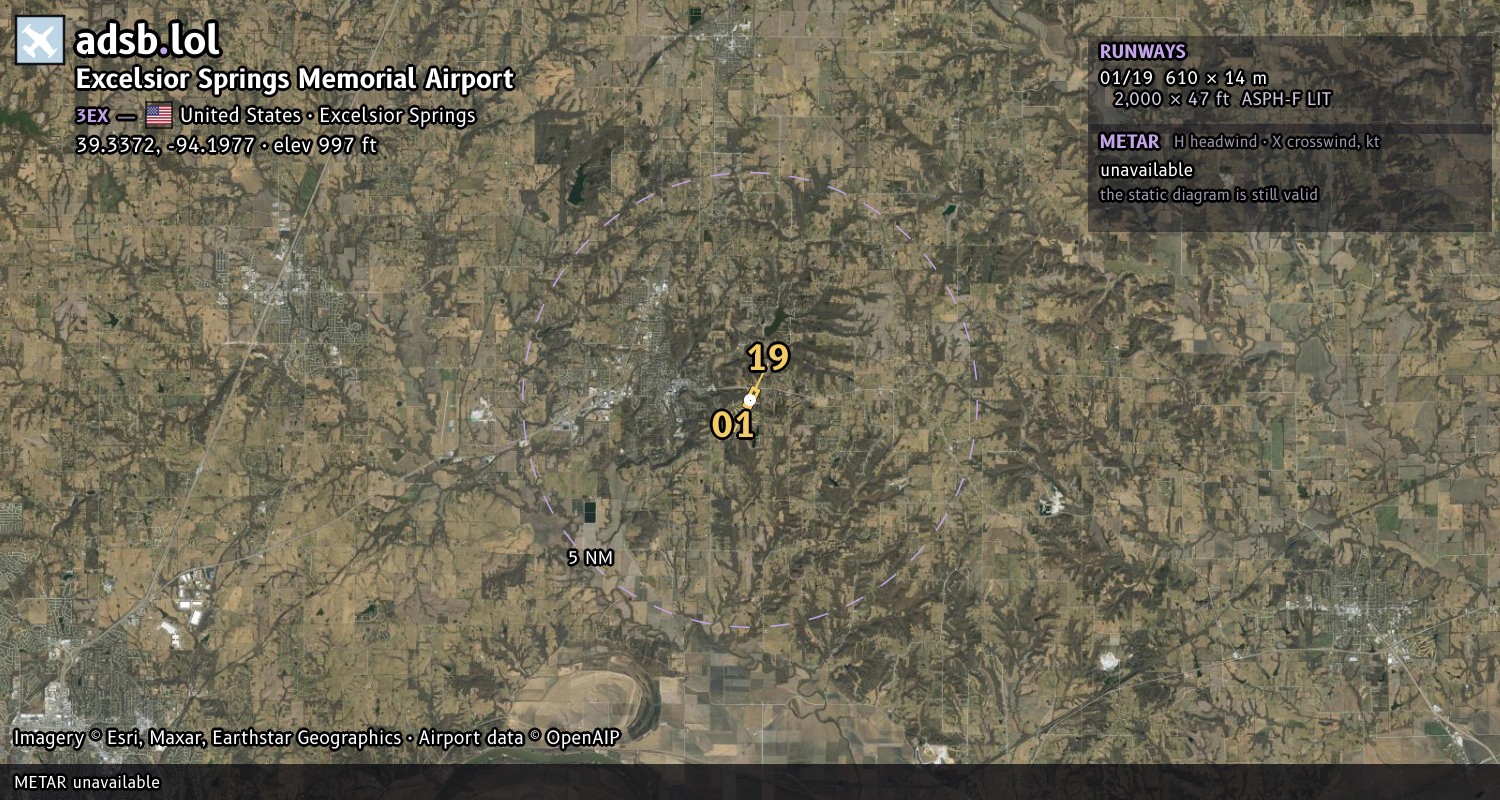 Satellite map with the runway layout of Excelsior Springs Memorial Airport (3EX)