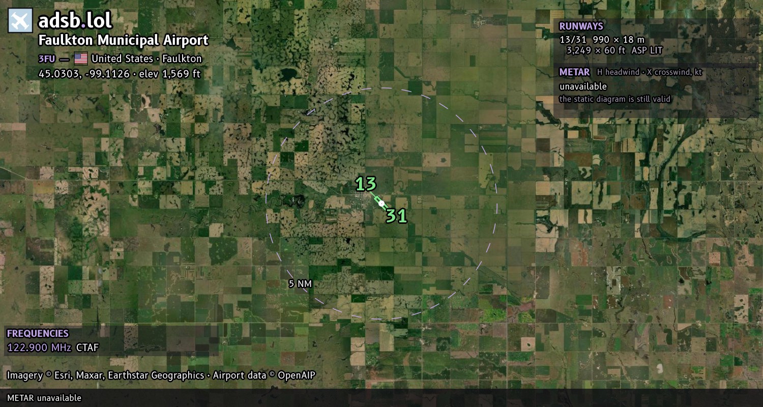 Satellite map with the runway layout of Faulkton Municipal Airport (3FU)