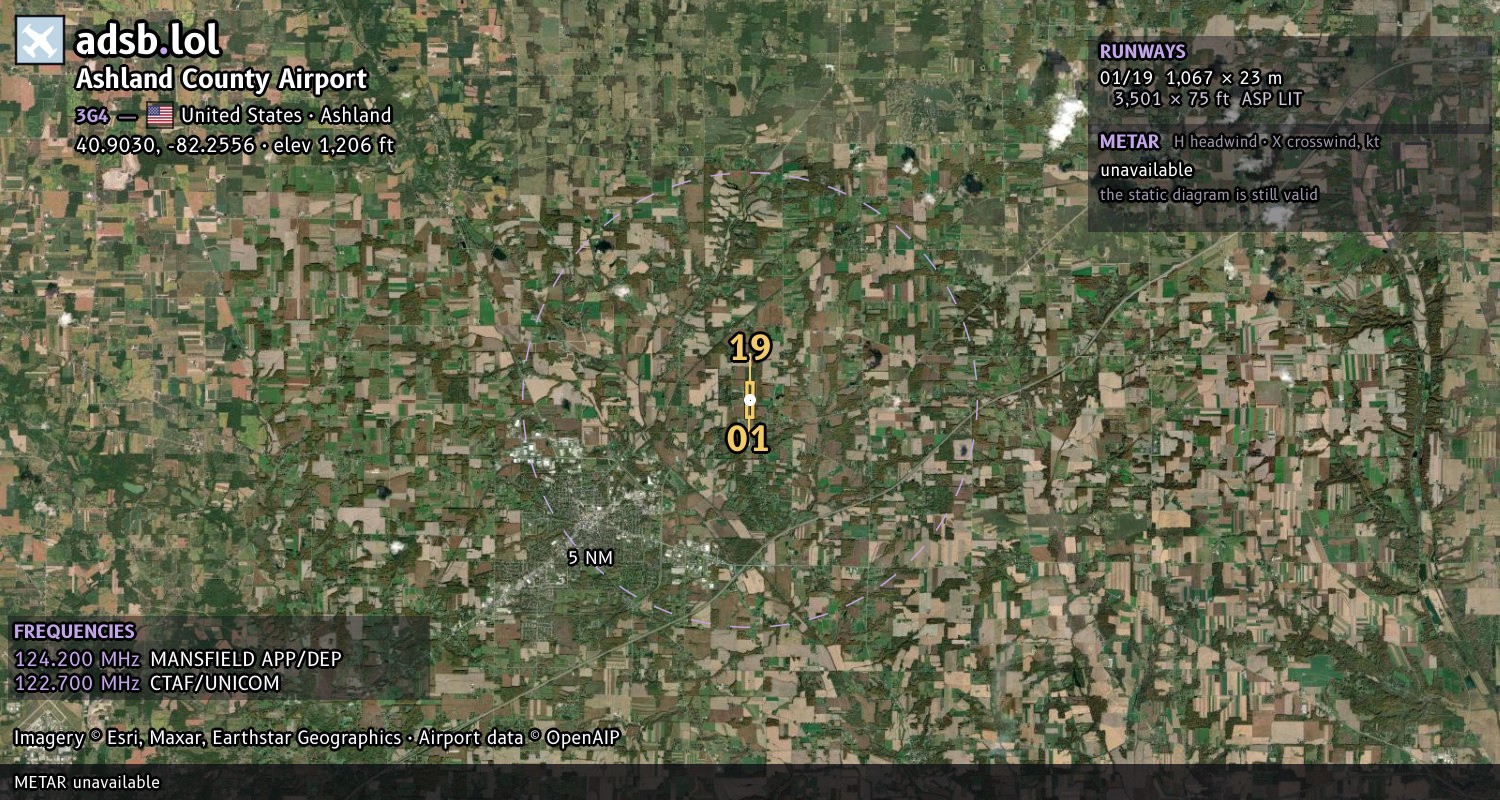 Satellite map with the runway layout of Ashland County Airport (3G4)