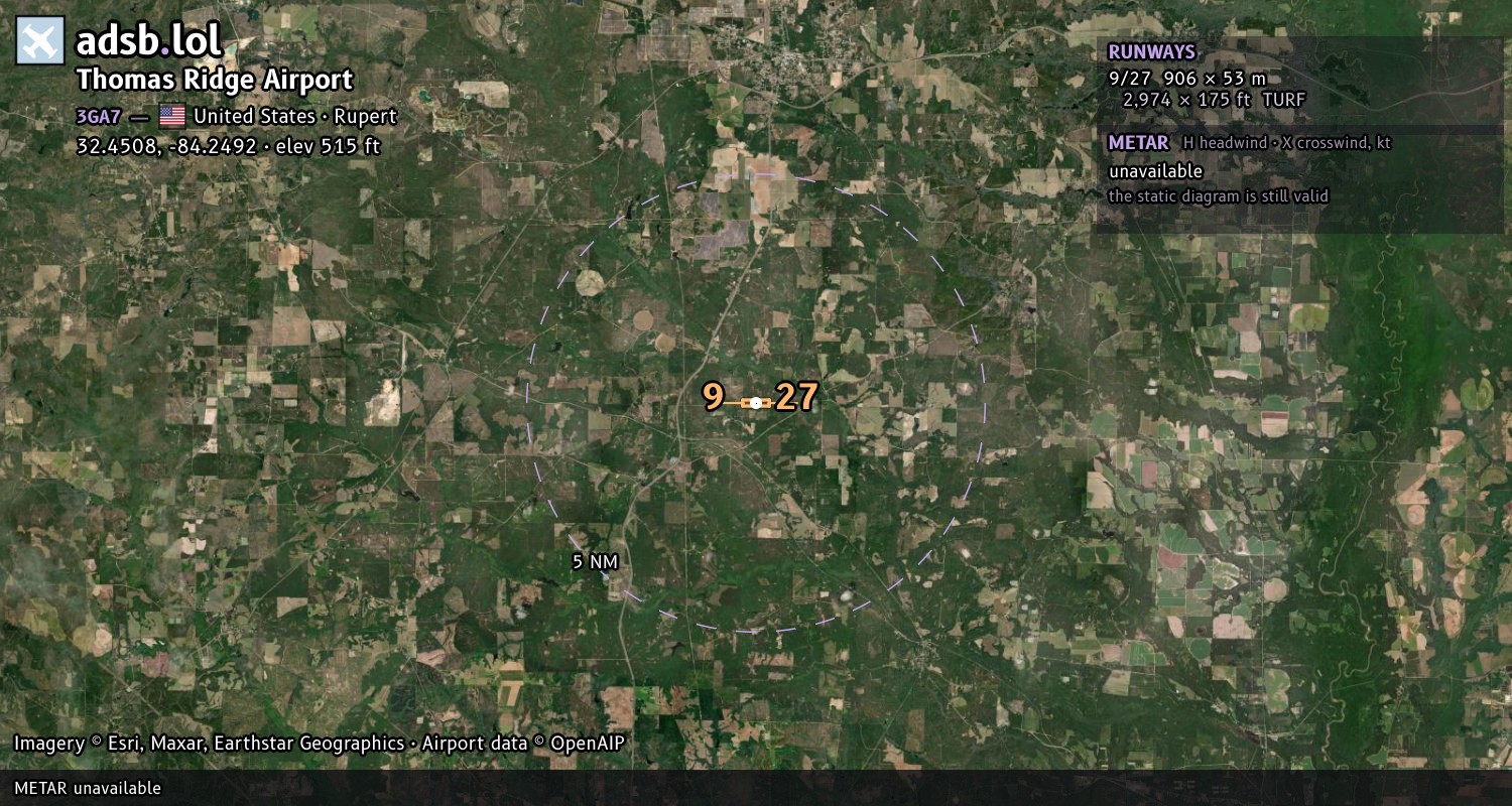 Satellite map with the runway layout of Thomas Ridge Airport (3GA7)