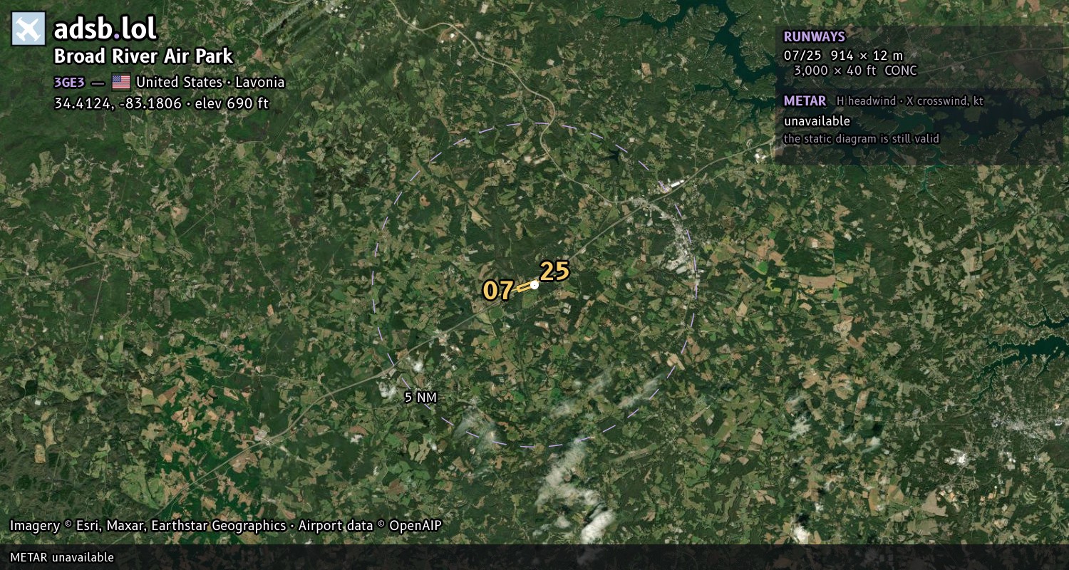 Satellite map with the runway layout of Broad River Air Park (3GE3)