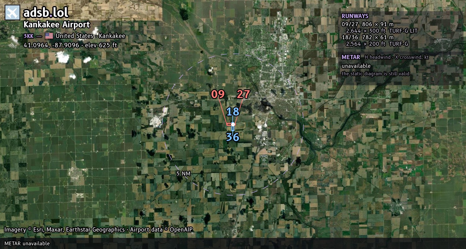 Satellite map with the runway layout of Kankakee Airport (3KK)