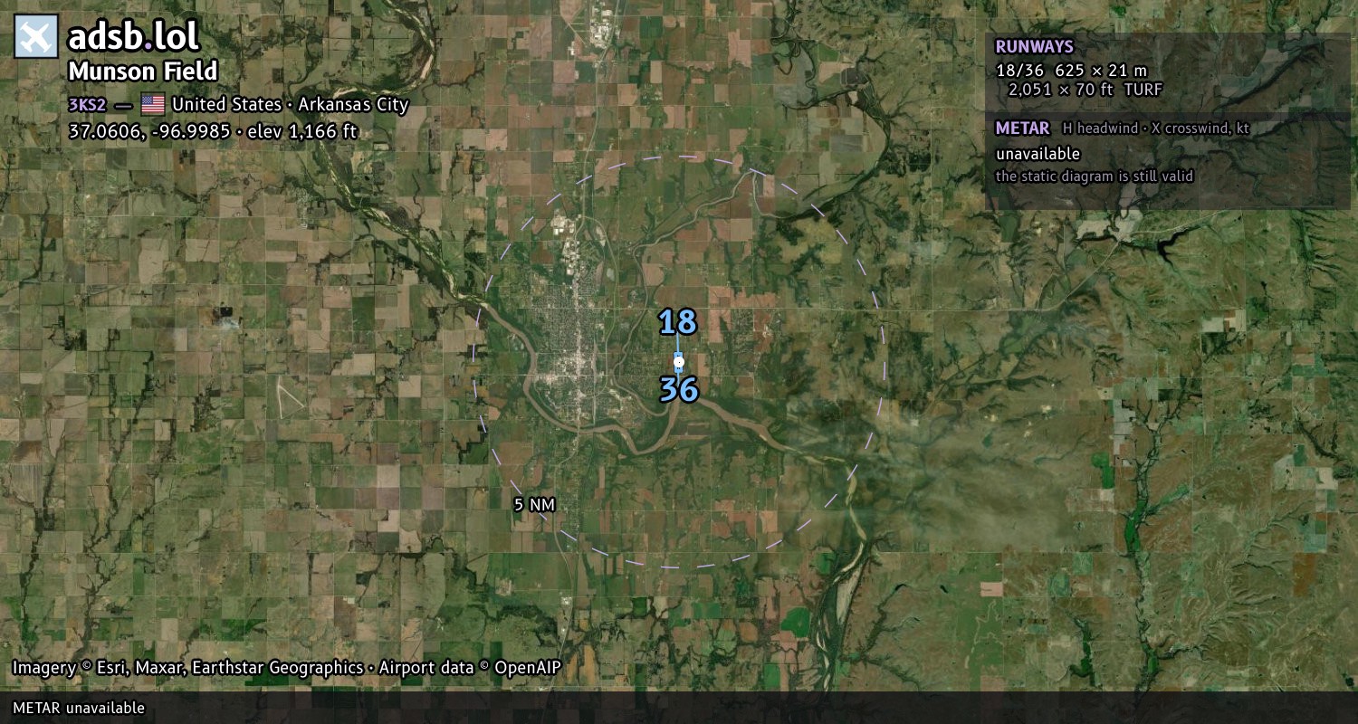Satellite map with the runway layout of Munson Field (3KS2)