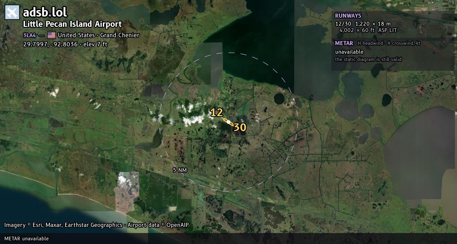 Satellite map with the runway layout of Little Pecan Island Airport (3LA4)