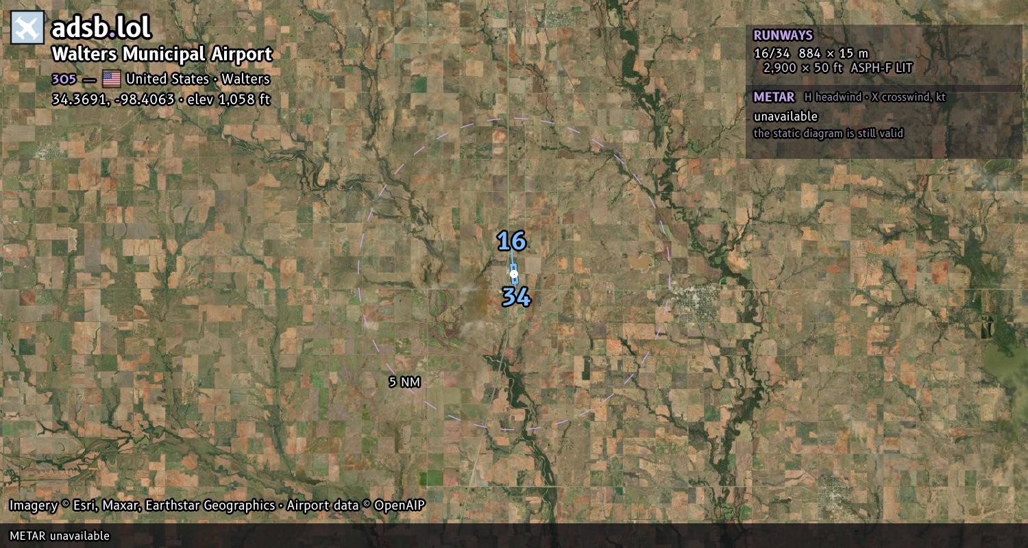 Satellite map with the runway layout of Walters Municipal Airport (3O5)