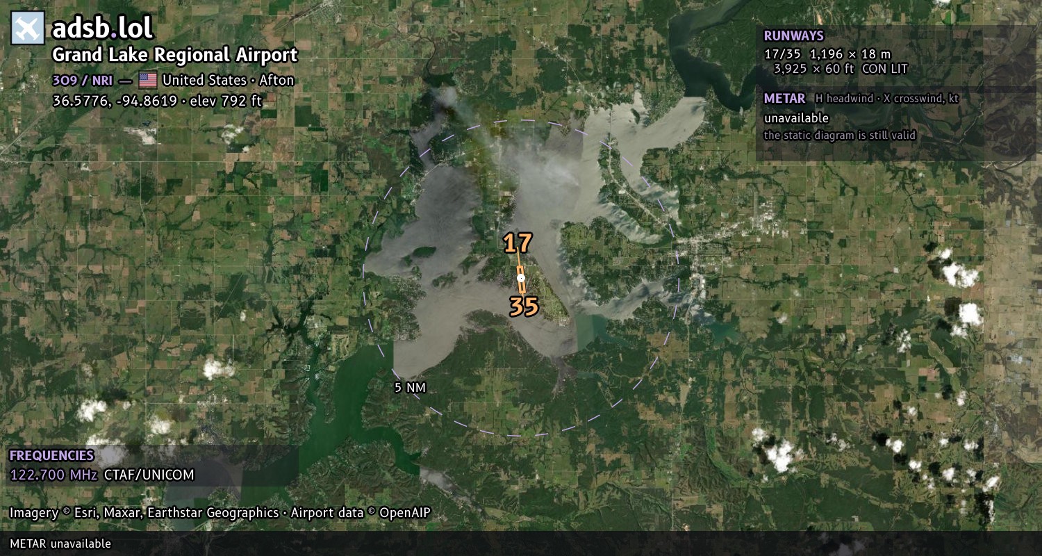 Satellite map with the runway layout of Grand Lake Regional Airport (3O9)