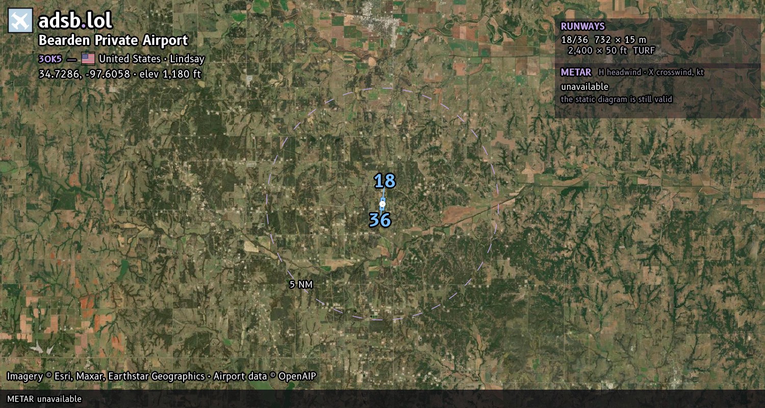 Satellite map with the runway layout of Bearden Private Airport (3OK5)