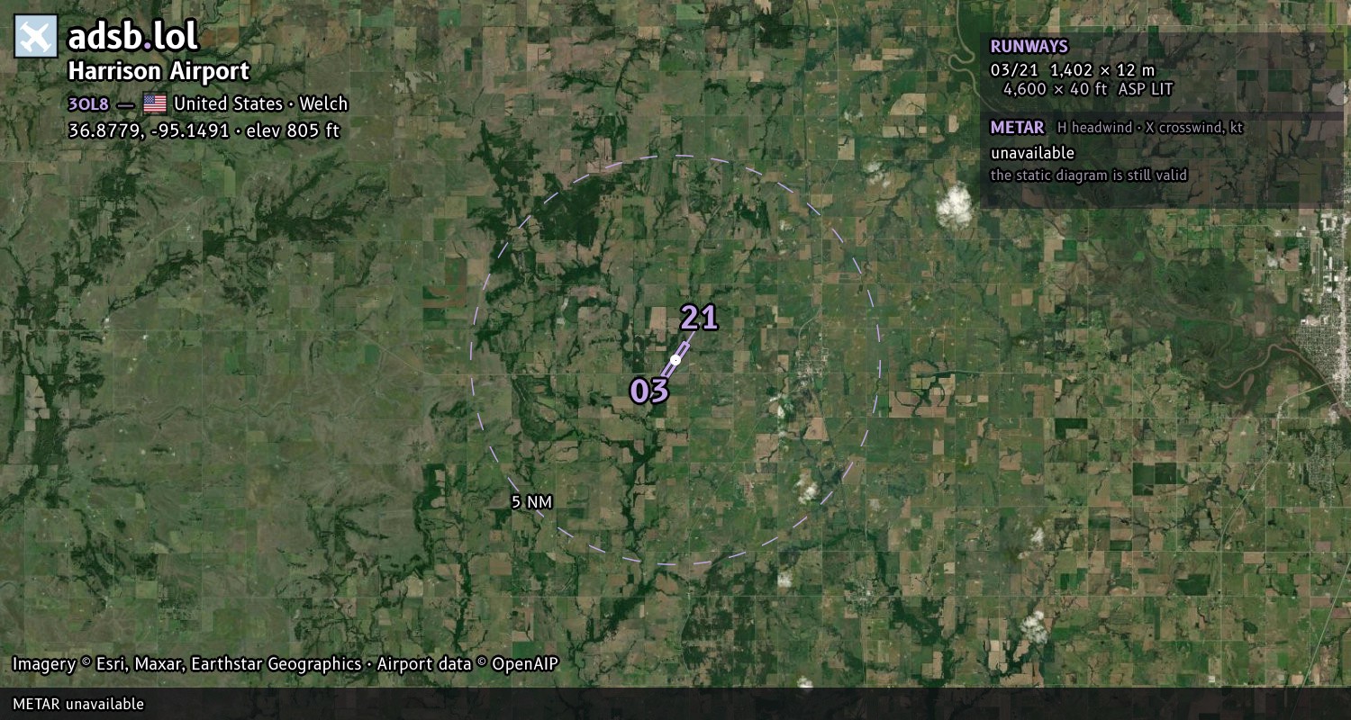 Satellite map with the runway layout of Harrison Airport (3OL8)