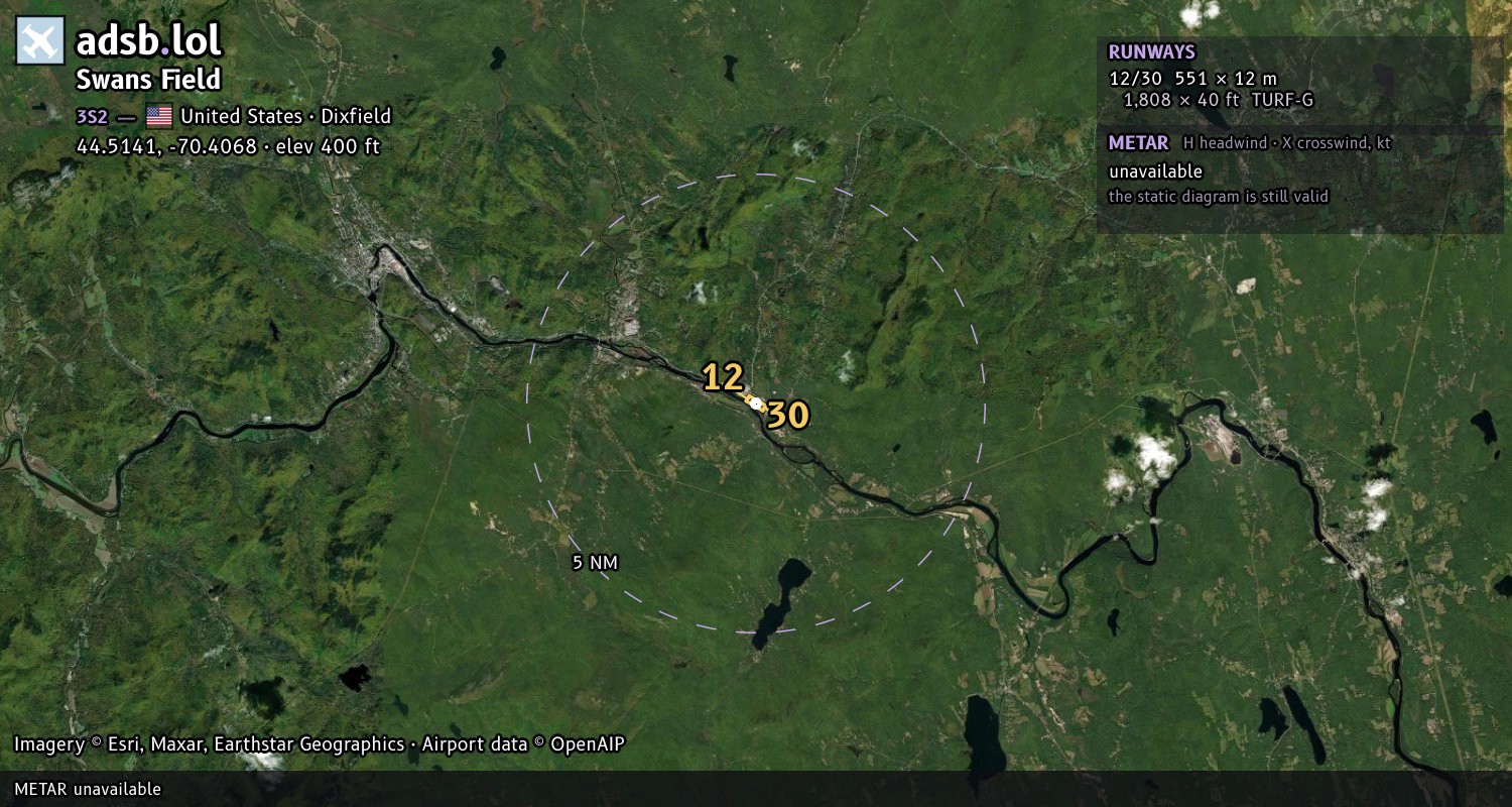 Satellite map with the runway layout of Swans Field (3S2)