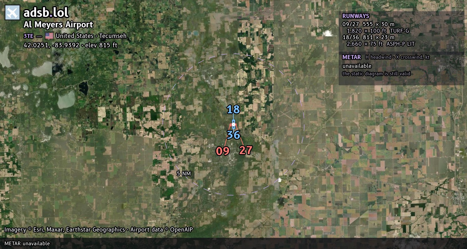 Satellite map with the runway layout of Al Meyers Airport (3TE)