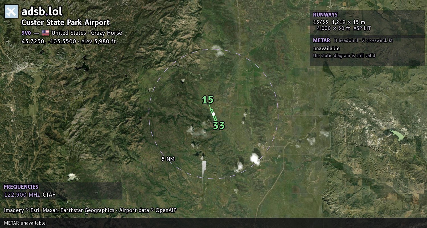 Satellite map with the runway layout of Custer State Park Airport (3V0)