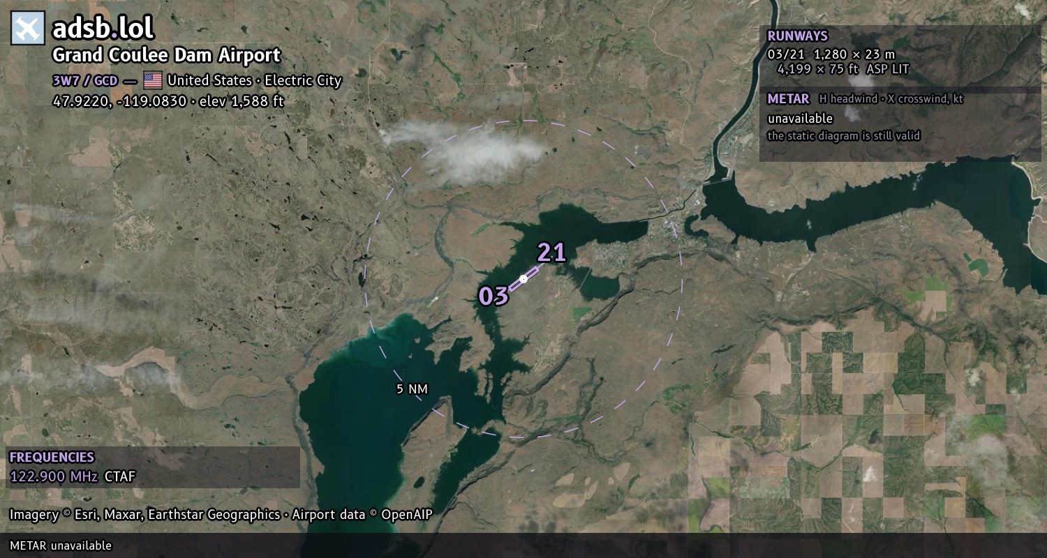 Satellite map with the runway layout of Grand Coulee Dam Airport (3W7)