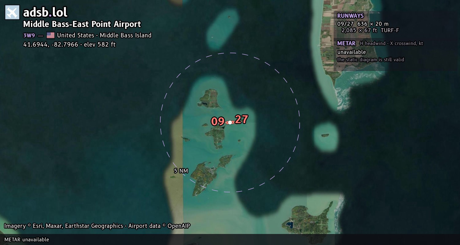 Satellite map with the runway layout of Middle Bass-East Point Airport (3W9)