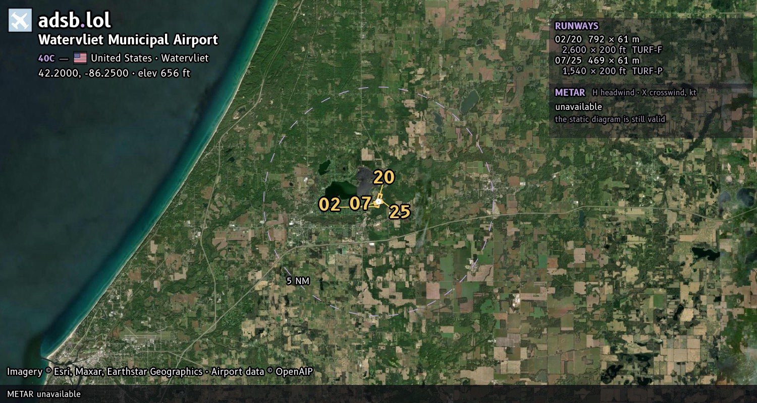 Satellite map with the runway layout of Watervliet Municipal Airport (40C)