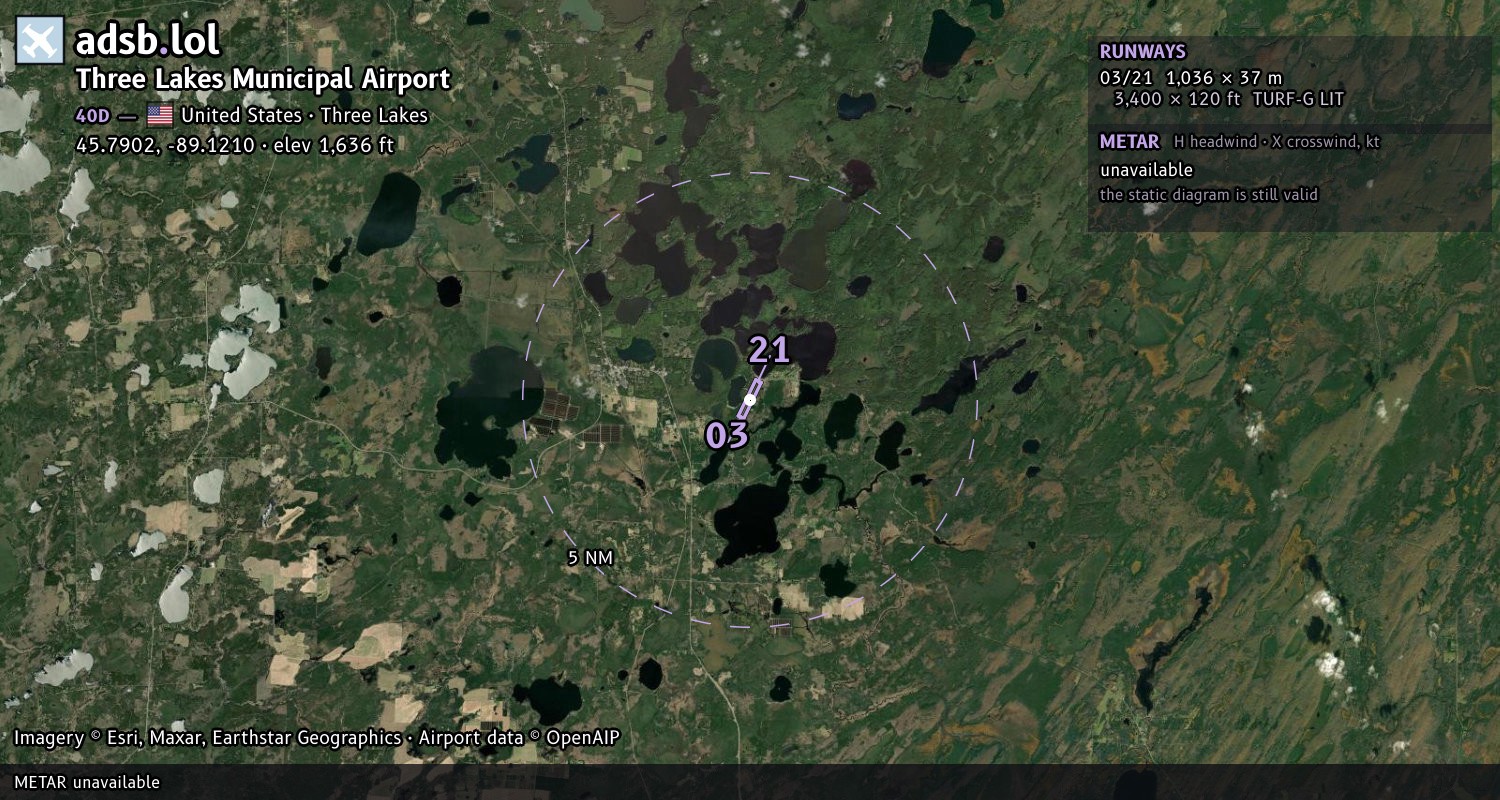 Satellite map with the runway layout of Three Lakes Municipal Airport (40D)