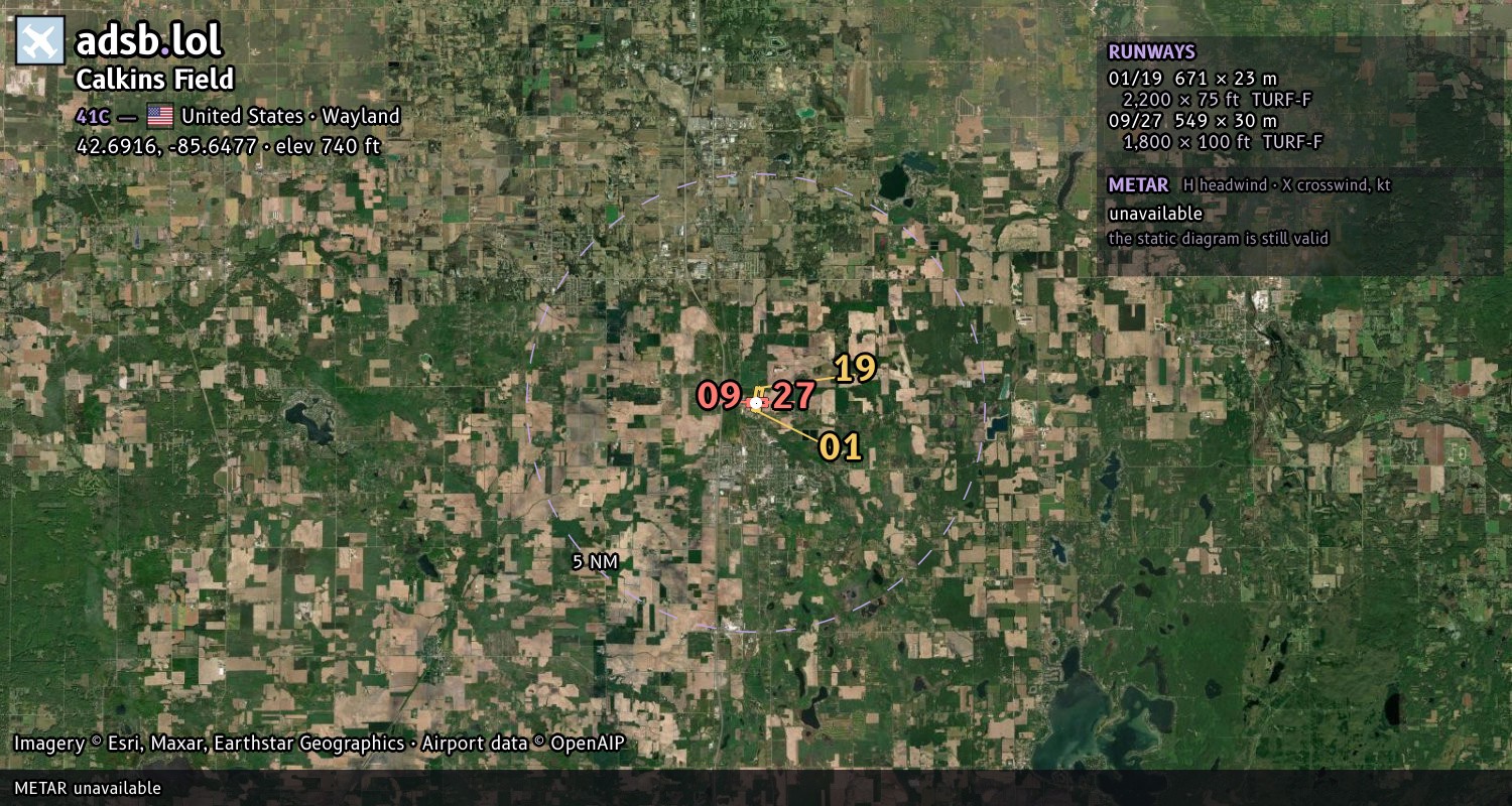 Satellite map with the runway layout of Calkins Field (41C)