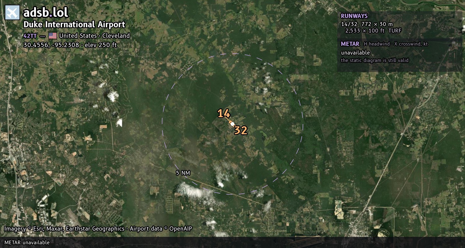 Satellite map with the runway layout of Duke International Airport (42TT)