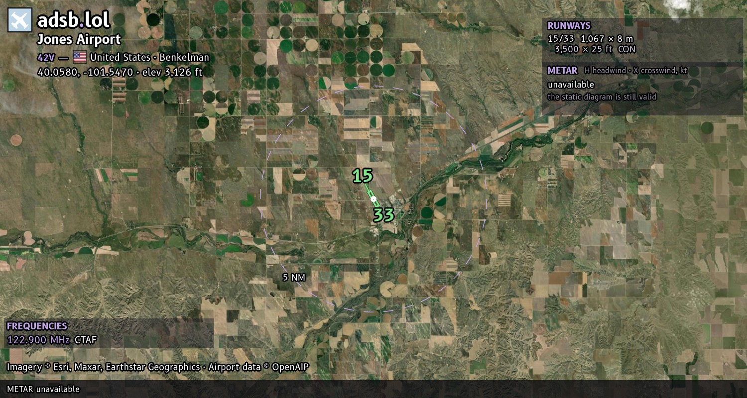 Satellite map with the runway layout of Jones Airport (42V)