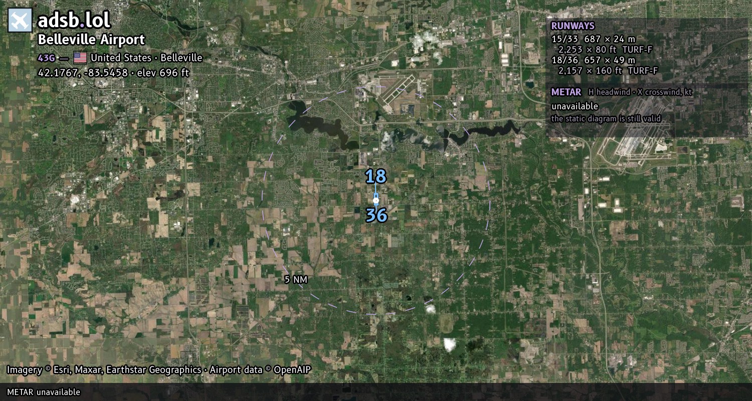 Satellite map with the runway layout of Belleville Airport (43G)